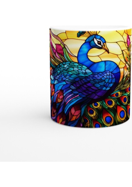 Vitray Sanatıyla Işlenmiş Renkli Tavus Kuşu Baskılı Kupa Bardak