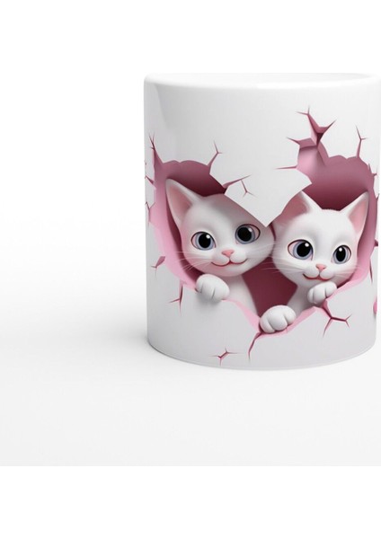 Kalp Şeklinde Çatlak Duvardan Bakan Iki Tatlı Kedi Temalı Baskılı Kupa Bardak
