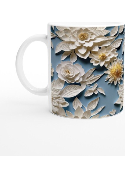 Mavi Fon Üzerine Krem Rölyef Çiçekli Kupa Bardak