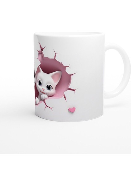 Kalp Şeklinde Çatlak Duvardan Bakan Iki Tatlı Kedi Temalı Baskılı Kupa Bardak modelleri