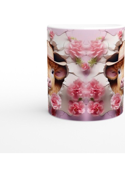 Kır Pembe Çiçekler Arasında Kovboy Şapkalı Inek Temalı Baskılı Kupa Bardak fiyatları