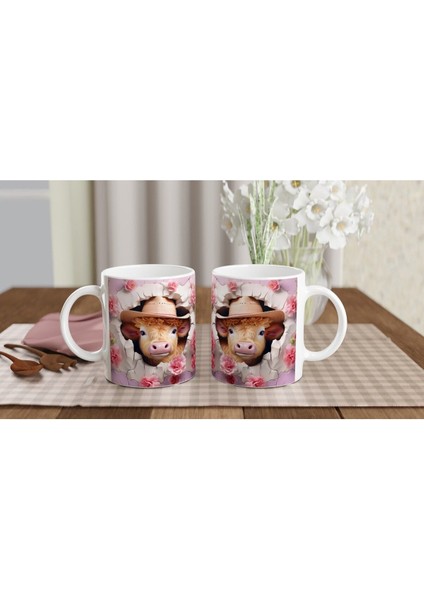 Kır Pembe Çiçekler Arasında Kovboy Şapkalı Inek Temalı Baskılı Kupa Bardak indirimleri