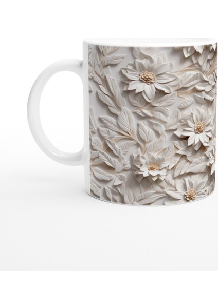 Beyaz Rölyef Çiçek Desenli Kupa Bardak