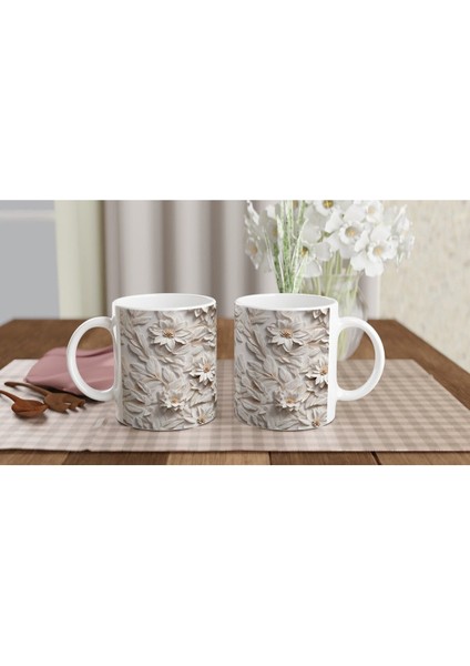 Beyaz Rölyef Çiçek Desenli Kupa Bardak indirimleri