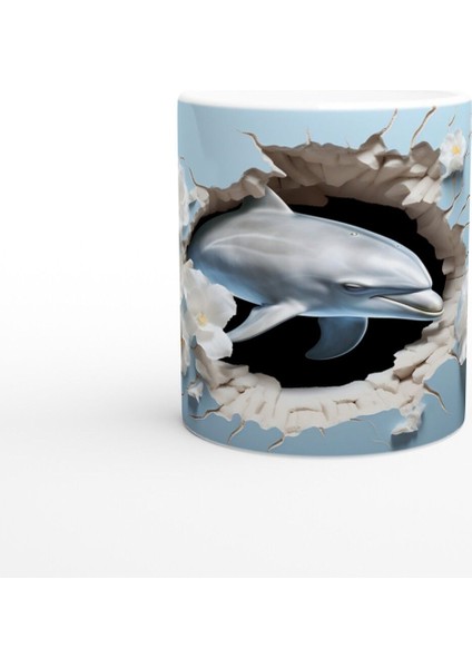 Mavi Fon Üzerinde Çiçekler ve Yunus Su Altı Temalı Kupa Bardak