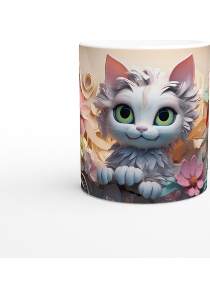 Çiçek Bahçesindeki Sevimli Tüylü Kedi Baskılı Kupa Bardak