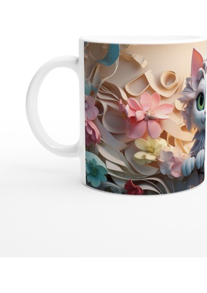 Çiçek Bahçesindeki Sevimli Tüylü Kedi Baskılı Kupa Bardak fiyatları