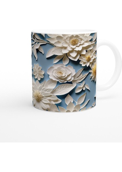 Mavi Fon Üzerine Krem Rölyef Çiçekli Kupa Bardak modelleri