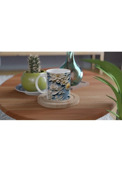 Mavi Fon Üzerine Krem Rölyef Çiçekli Kupa Bardak fırsatları