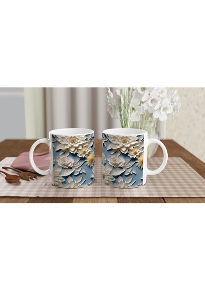 Mavi Fon Üzerine Krem Rölyef Çiçekli Kupa Bardak indirimleri