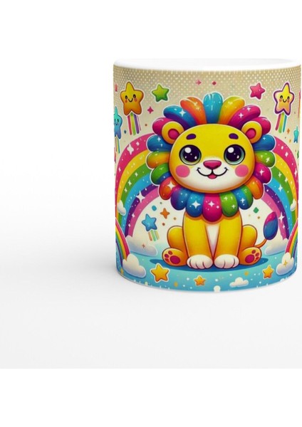 Gökkuşağı Yelesiyle Neşeli Aslan Temalı Çocuklara Özel Baskılı Kupa Bardak