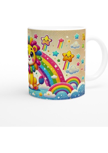 Gökkuşağı Yelesiyle Neşeli Aslan Temalı Çocuklara Özel Baskılı Kupa Bardak modelleri