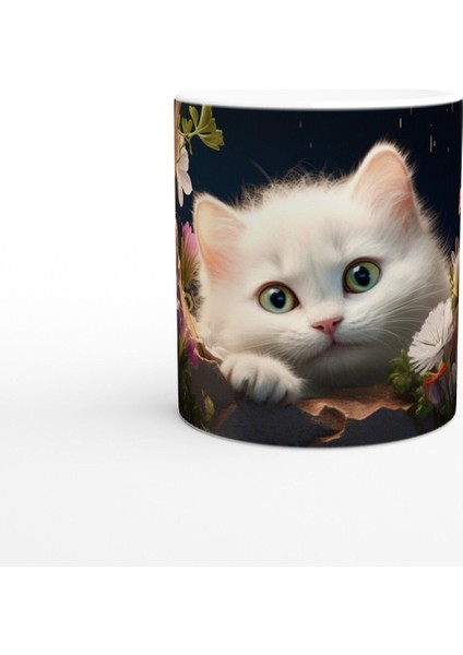 Gece Bahçesinde Parlayan Gözlü Beyaz Kedi Baskılı Kupa Bardak