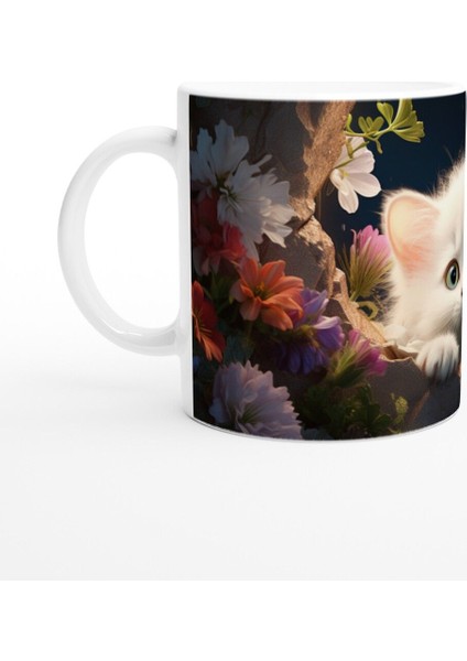 Gece Bahçesinde Parlayan Gözlü Beyaz Kedi Baskılı Kupa Bardak fiyatları