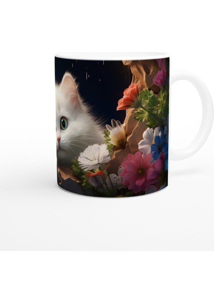 Gece Bahçesinde Parlayan Gözlü Beyaz Kedi Baskılı Kupa Bardak modelleri