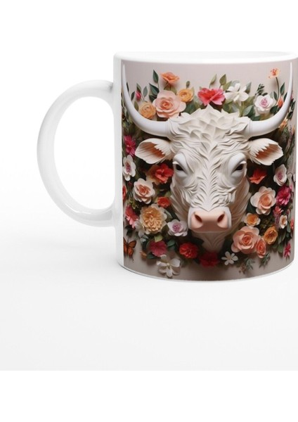 Çiçeklerle Süslenmiş Boğa Başı Temalı Baskılı Kupa Bardak