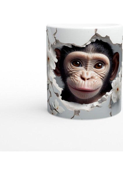 Çatlak Duvardan Bakan Sevimli Şempanze Temalı Baskılı Kupa Bardak