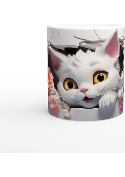 Çiçekler Arasından Bakan Neşeli Kedi Baskılı Kupa Bardak