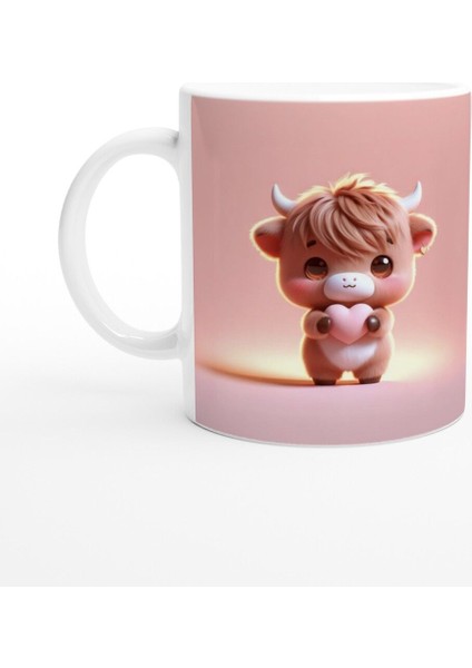 Kalp Tutan Sevimli Buzağı Temalı Baskılı Kupa Bardak