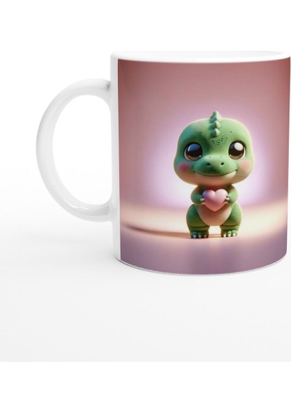 Kalp Tutan Sevimli Dinozor Temalı Baskılı Kupa Bardak