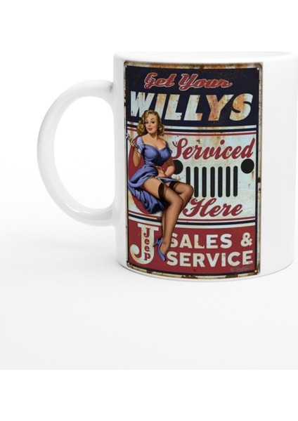 Willys Jeep Pin-Up Servis Temalı Retro Kupa