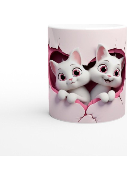 Pembe Çatlak Duvarın Içinden Bakan Neşeli Kediler Temalı Baskılı Kupa Bardak