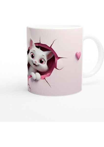 Pembe Çatlak Duvarın Içinden Bakan Neşeli Kediler Temalı Baskılı Kupa Bardak modelleri