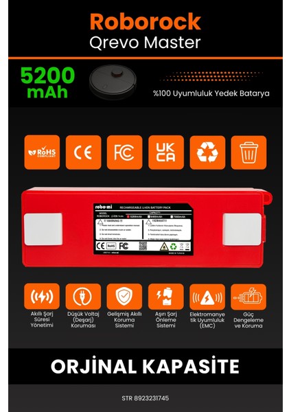 Robo- Mi Roborock Qrevo Master 5200MAH Robot Süpürge Bataryası - Sertifikalı Güvenlik, Gerçek Kapasite modelleri