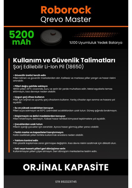 Robo- Mi Roborock Qrevo Master 5200MAH Robot Süpürge Bataryası - Sertifikalı Güvenlik, Gerçek Kapasite