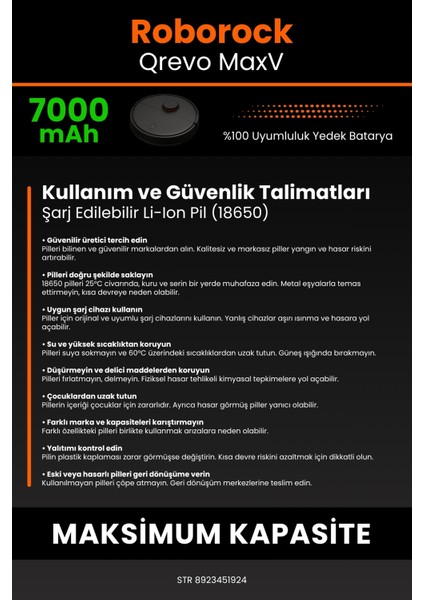 Robo- Mi Roborock Qrevo Maxv 7000MAH Robot Süpürge Bataryası - Yüksek Yoğunluklu Li- Ion Hücre