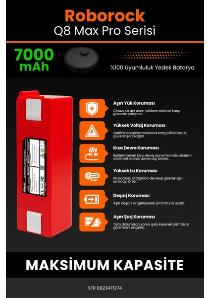 Robo- Mi Roborock Q8 Max Pro Serisi 7000MAH Robot Süpürge Bataryası - Yüksek Yoğunluklu Li- Ion Hücre indirimleri