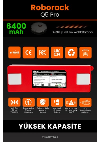 Robo- Mi Roborock Q5 Pro 6400MAH Robot Süpürge Bataryası - Yüksek Yoğunluklu Li- Ion Hücre modelleri