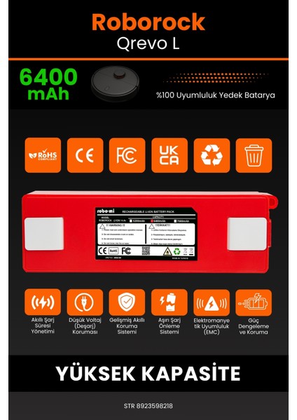 Robo- Mi Roborock Qrevo L 6400MAH Robot Süpürge Bataryası - Sertifikalı Güvenlik, Gerçek Kapasite modelleri