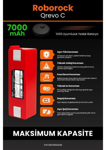 Robo- Mi Roborock Qrevo C 7000MAH Robot Süpürge Bataryası - Gerçek Kapasite, Maksimum Güvenlik indirimleri