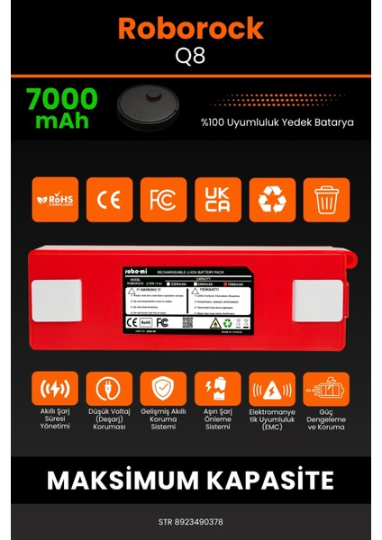 Roborock Q8 7000MAH Robot Süpürge Bataryası - Yüksek Yoğunluklu Li-Ion Hücre modelleri