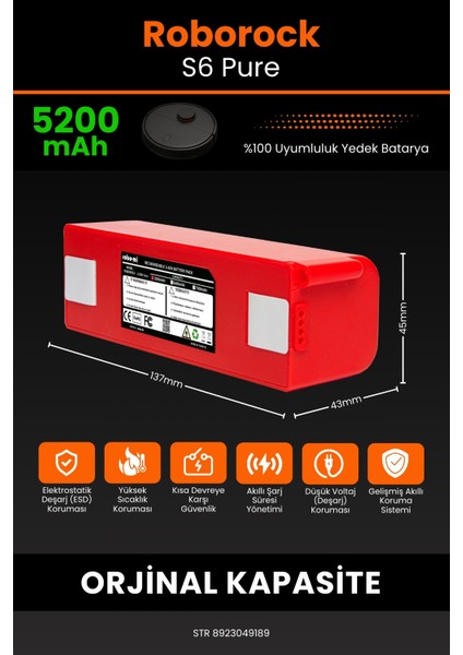 Roborock S6 Pure 5200mAh Robot Süpürge Bataryası - Yüksek Yoğunluklu Li-ion Hücre fiyatları