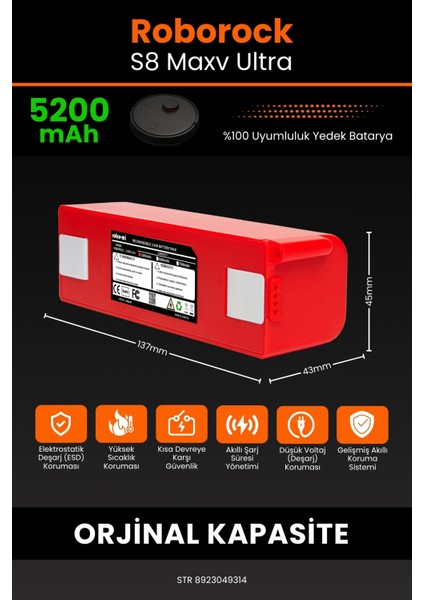Roborock S8 Maxv Ultra 5200mAh Robot Süpürge Bataryası - Yüksek Yoğunluklu Li-ion Hücre fiyatları