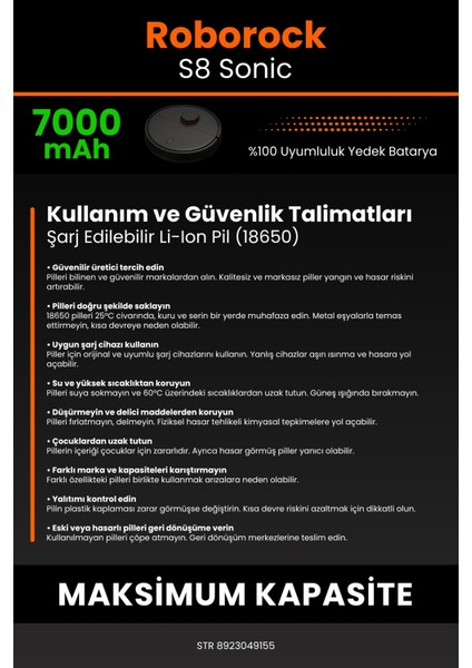 Roborock S8 Sonic 7000mAh Robot Süpürge Bataryası - Yüksek Yoğunluklu Li-ion Hücre