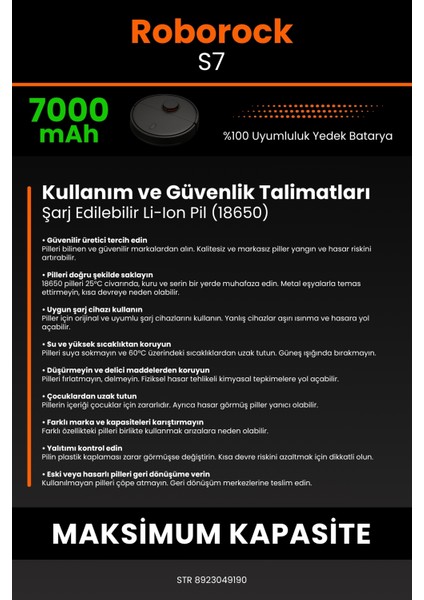 Roborock S7 7000mAh Robot Süpürge Bataryası - Yüksek Yoğunluklu Li-ion Hücre