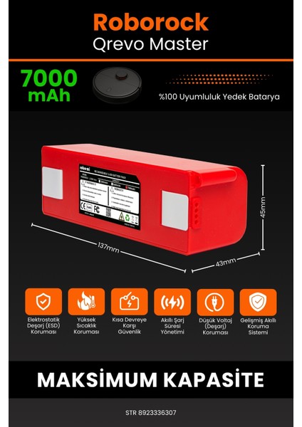Robo- Mi Roborock Qrevo Master 7000MAH Robot Süpürge Bataryası - Sertifikalı Güvenlik, Gerçek Kapasite fiyatları