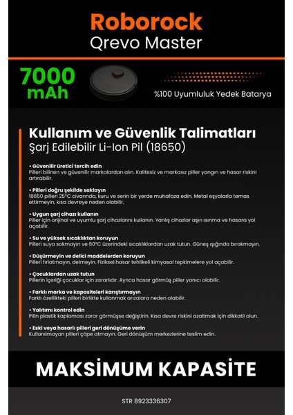 Robo- Mi Roborock Qrevo Master 7000MAH Robot Süpürge Bataryası - Sertifikalı Güvenlik, Gerçek Kapasite