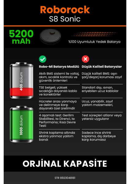 Roborock S8 Sonic 5200mAh Robot Süpürge Bataryası - Sertifikalı Güvenlik, Gerçek Kapasite