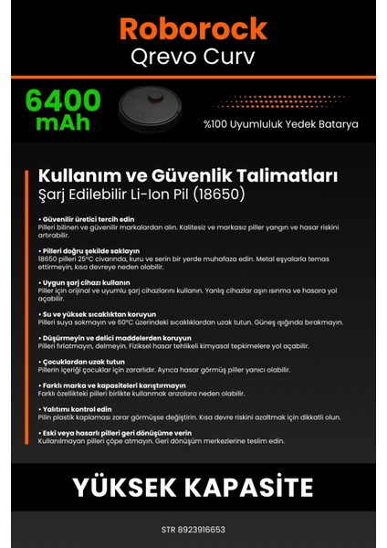 Robo- Mi Roborock Qrevo Curv 6400MAH Robot Süpürge Bataryası - Yüksek Yoğunluklu Li- Ion Hücre