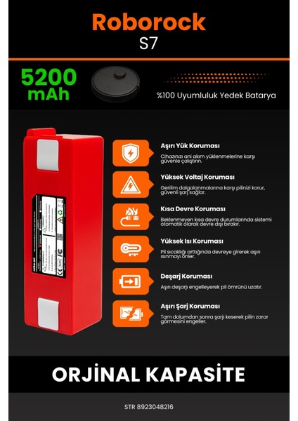 Roborock S7 5200mAh Robot Süpürge Bataryası - Sertifikalı Güvenlik, Gerçek Kapasite indirimleri
