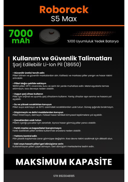 Roborock S5 Max 7000mAh Robot Süpürge Bataryası - Sertifikalı Güvenlik, Gerçek Kapasite
