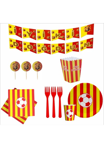 Taraftar (Galatasaray) Banner, 8 Tabak, 8 Bardak, 8 Mısır Kutusu, 10 Peçete, 10 Çatal, 10 Kürdan