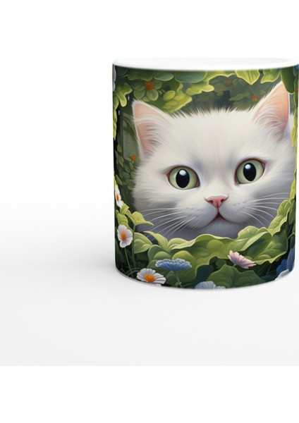 Çiçeklerle Çevrili Beyaz Kedi Baskılı Kupa Bardak