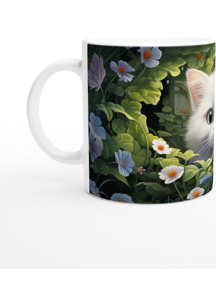 Çiçeklerle Çevrili Beyaz Kedi Baskılı Kupa Bardak fiyatları