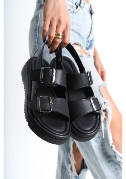 Dolgu Topuklu Çift Bantlı Tokalı Kadın Sandalet Yazlık Hafif Kadın Sandalet Siyah Kadın Sandalet fiyatları