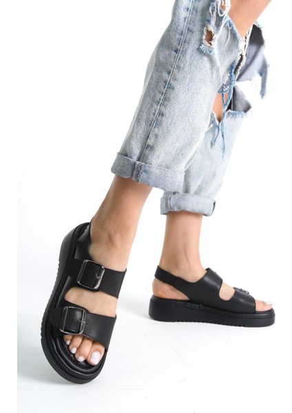 Dolgu Topuklu Çift Bantlı Tokalı Kadın Sandalet Yazlık Hafif Kadın Sandalet Siyah Kadın Sandalet modelleri